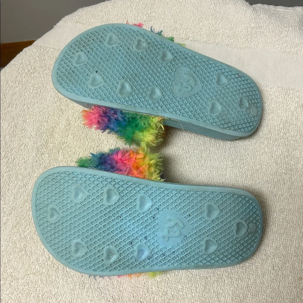 Ty Owl Owen plush colorful rainbow Kids slipOn plush Slide Sandals size 11-13